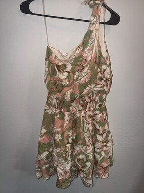 One-Shoulder Floral Tropical Hawaiian Mini Sundress with Smock Waist Size S